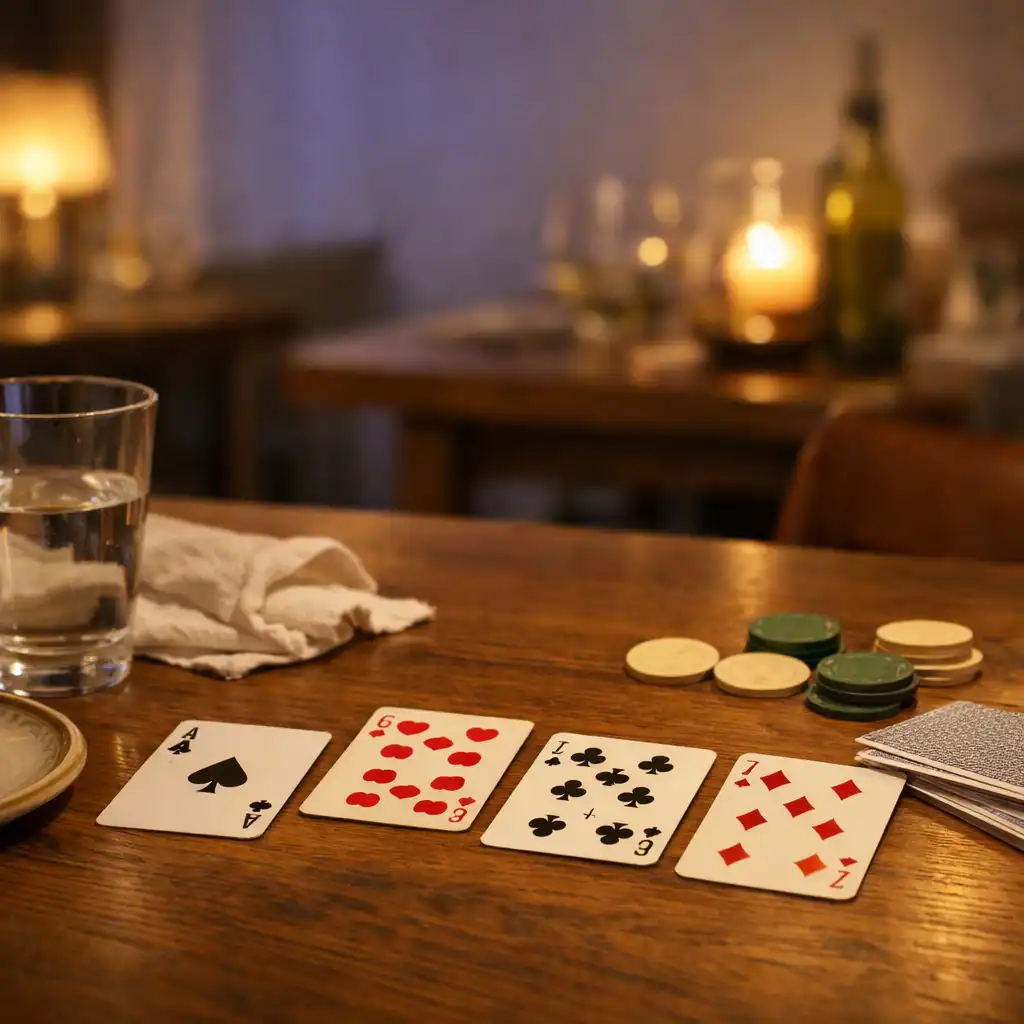 Prawdziwy restauracyjny stół z kartami i neutralnymi żetonami w spokojnym świetle