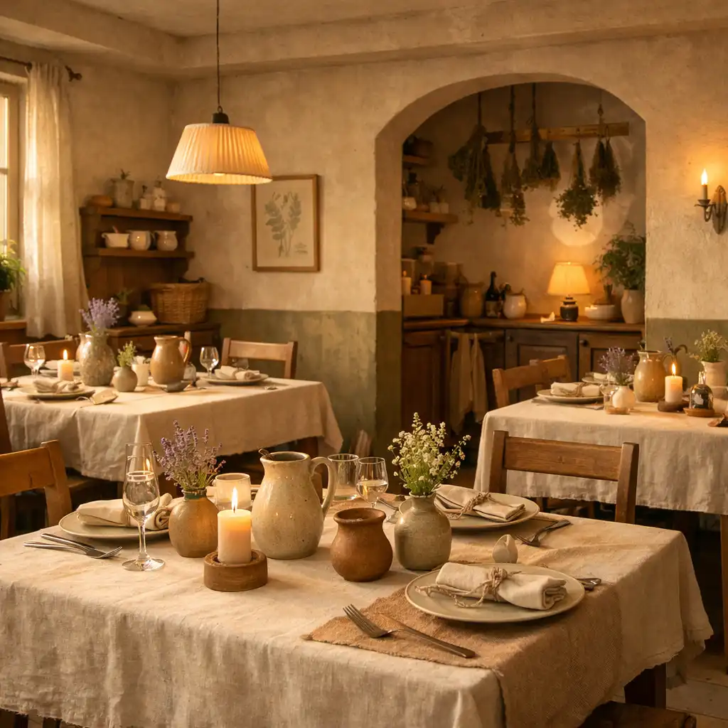 Spokojne wnętrze restauracji przygotowane na wieczór