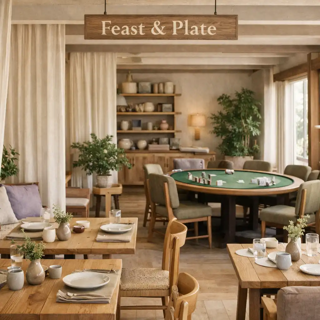 Jasne wnętrze restauracji z drewnem, lnianymi zasłonami i stołami