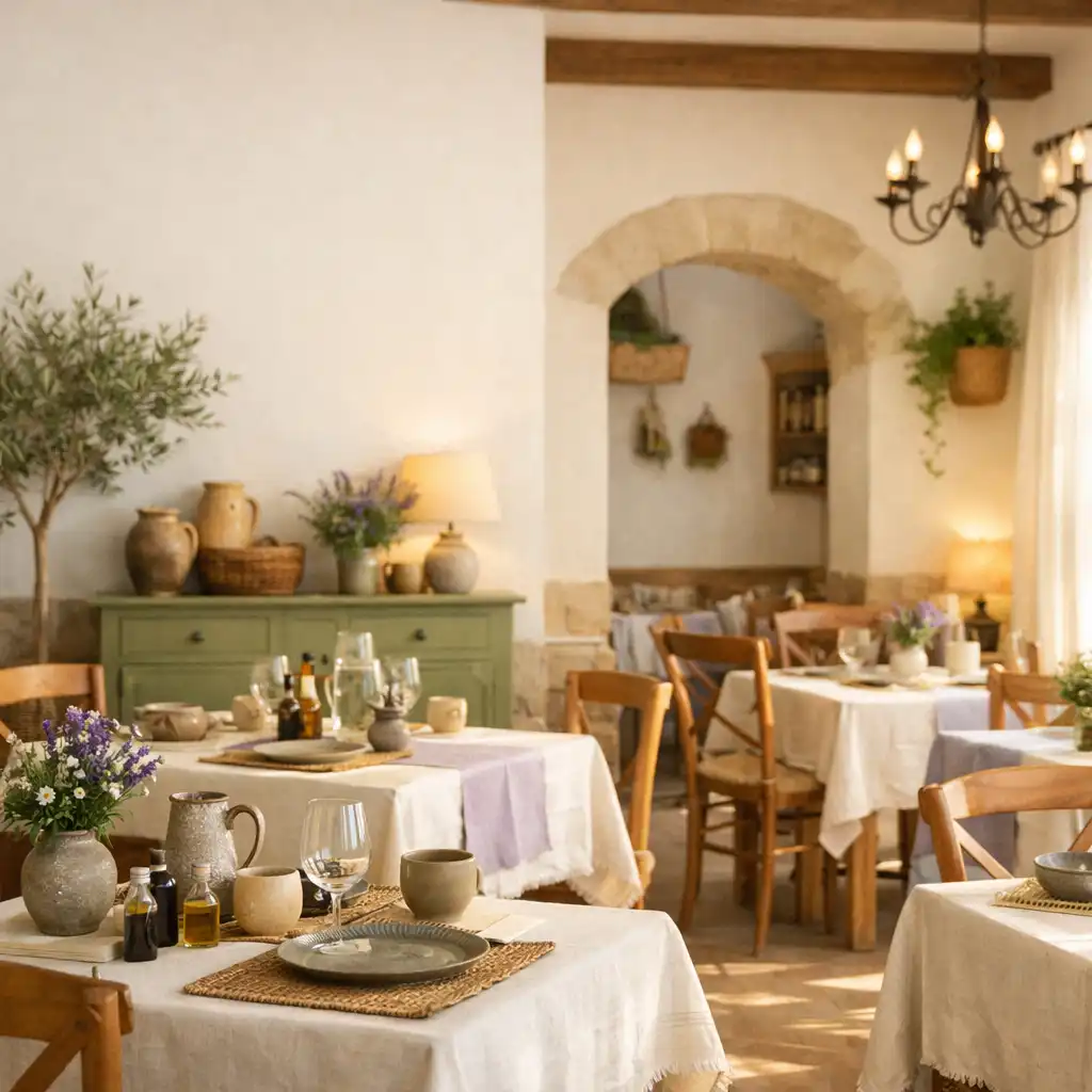 Jasne, swobodne wnętrze restauracji z drewnianymi stołami i naturalnymi detalami
