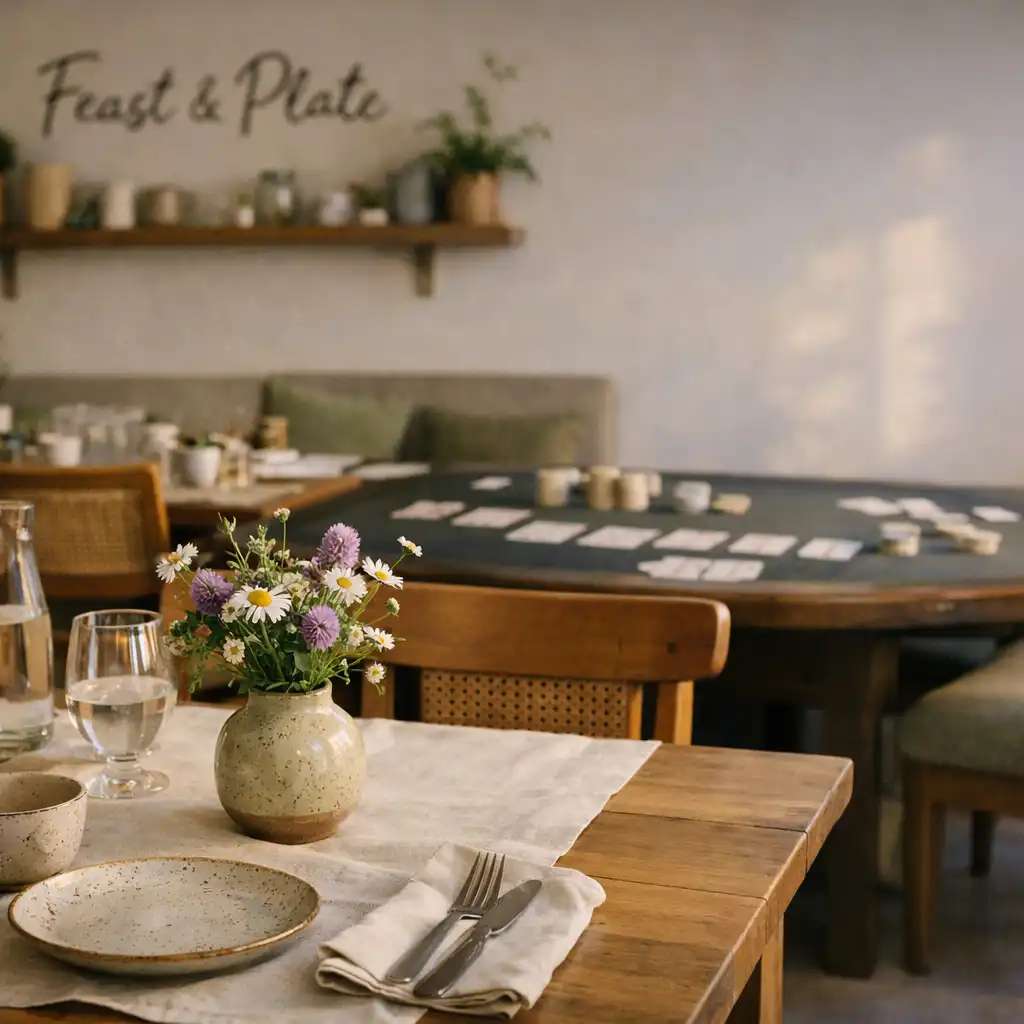 Jasne wnętrze restauracji z drewnianymi stołami, lnem, ceramiką i kwiatami